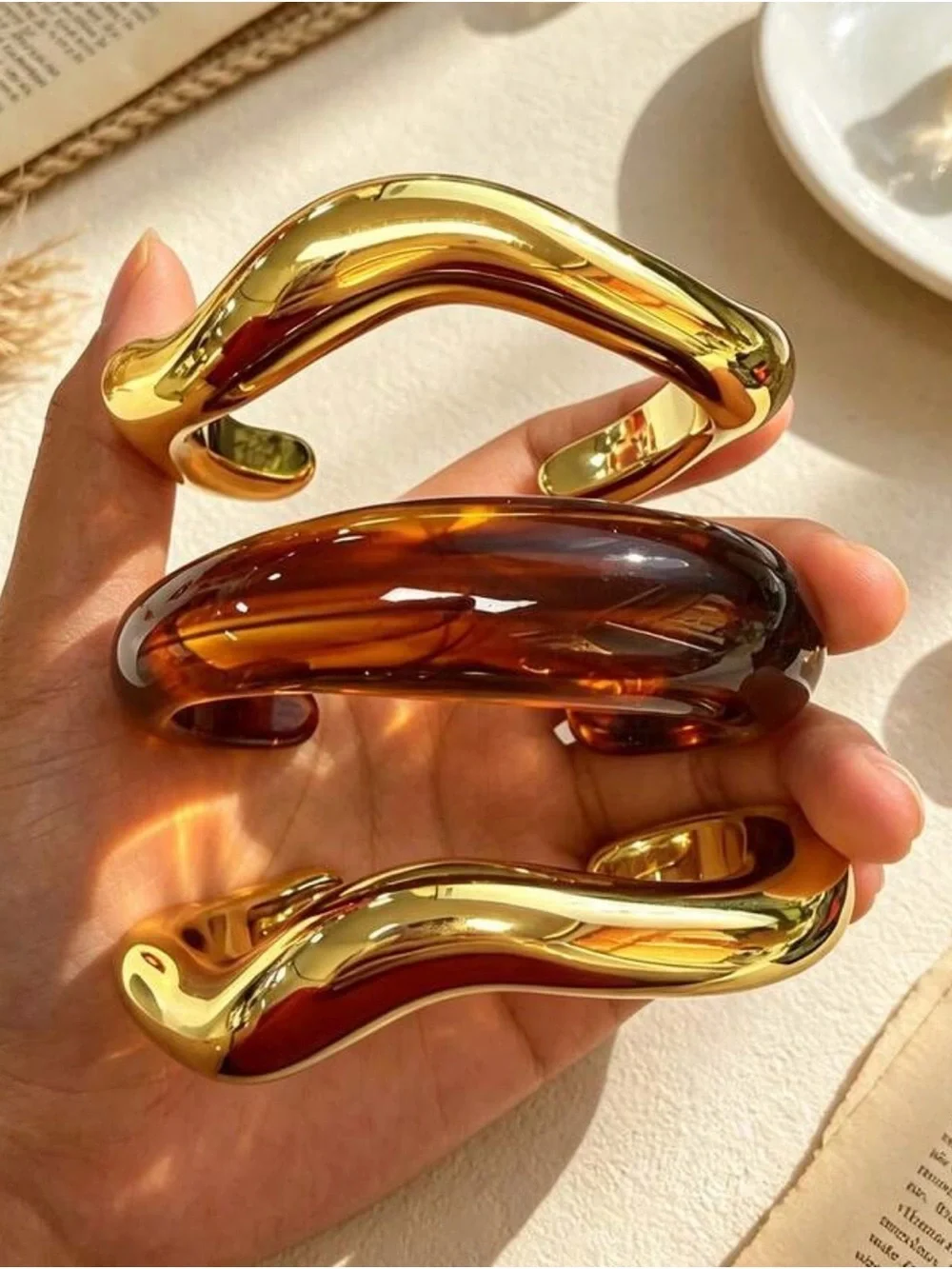 Gold & Amber Resin Sculptural Bangle Bracelet